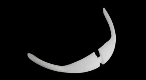 Porous polyethylene facial implant used in chin augmentation, shown on a dark background