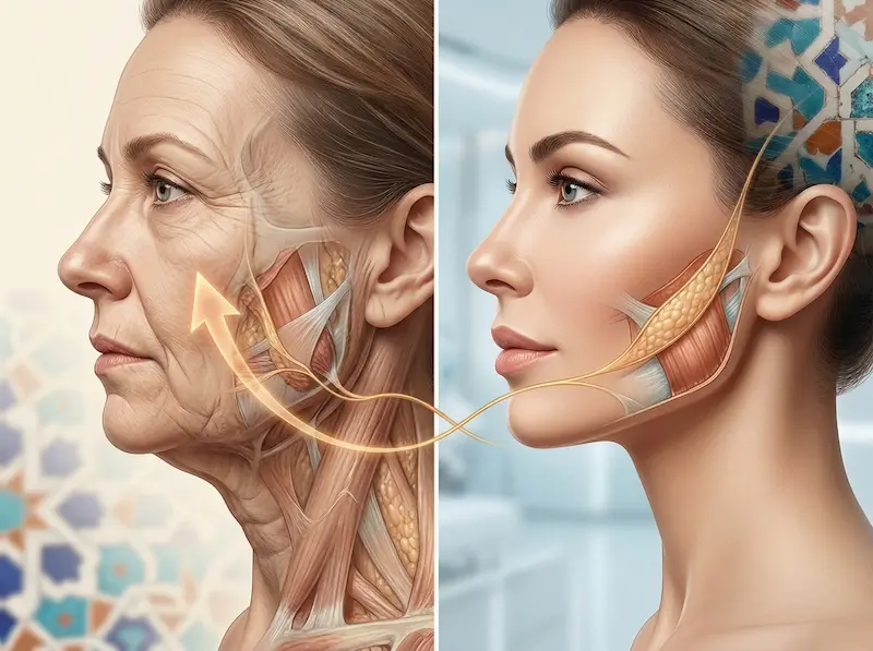 Illustration showing facial tissue layers and the direction of lift discussed in deep plane facelift education
