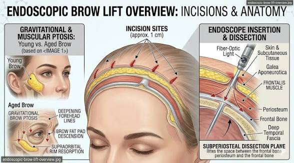 Medical illustration of endoscopic brow lift anatomy, incision sites and subperiosteal dissection