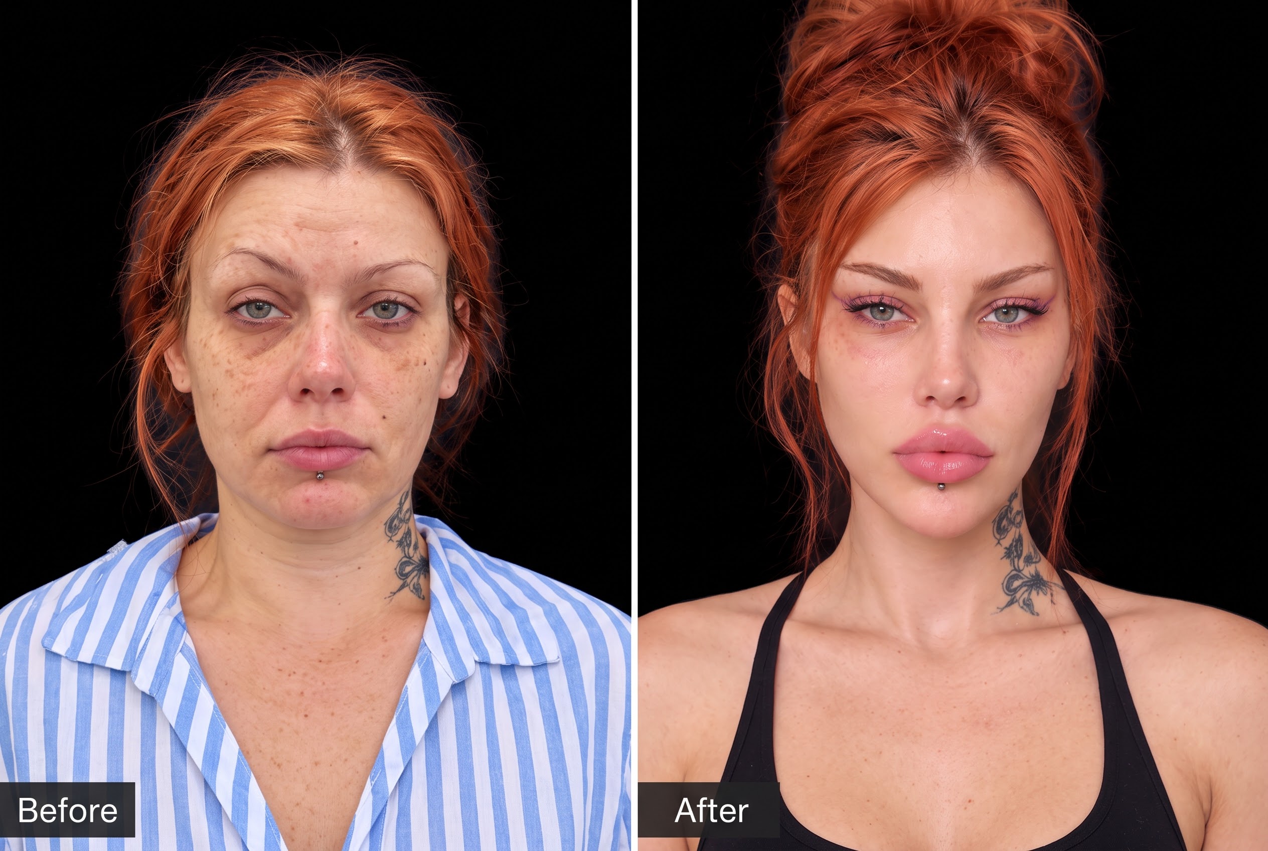 Ponytail Lift before-and-after photograph, frontal view