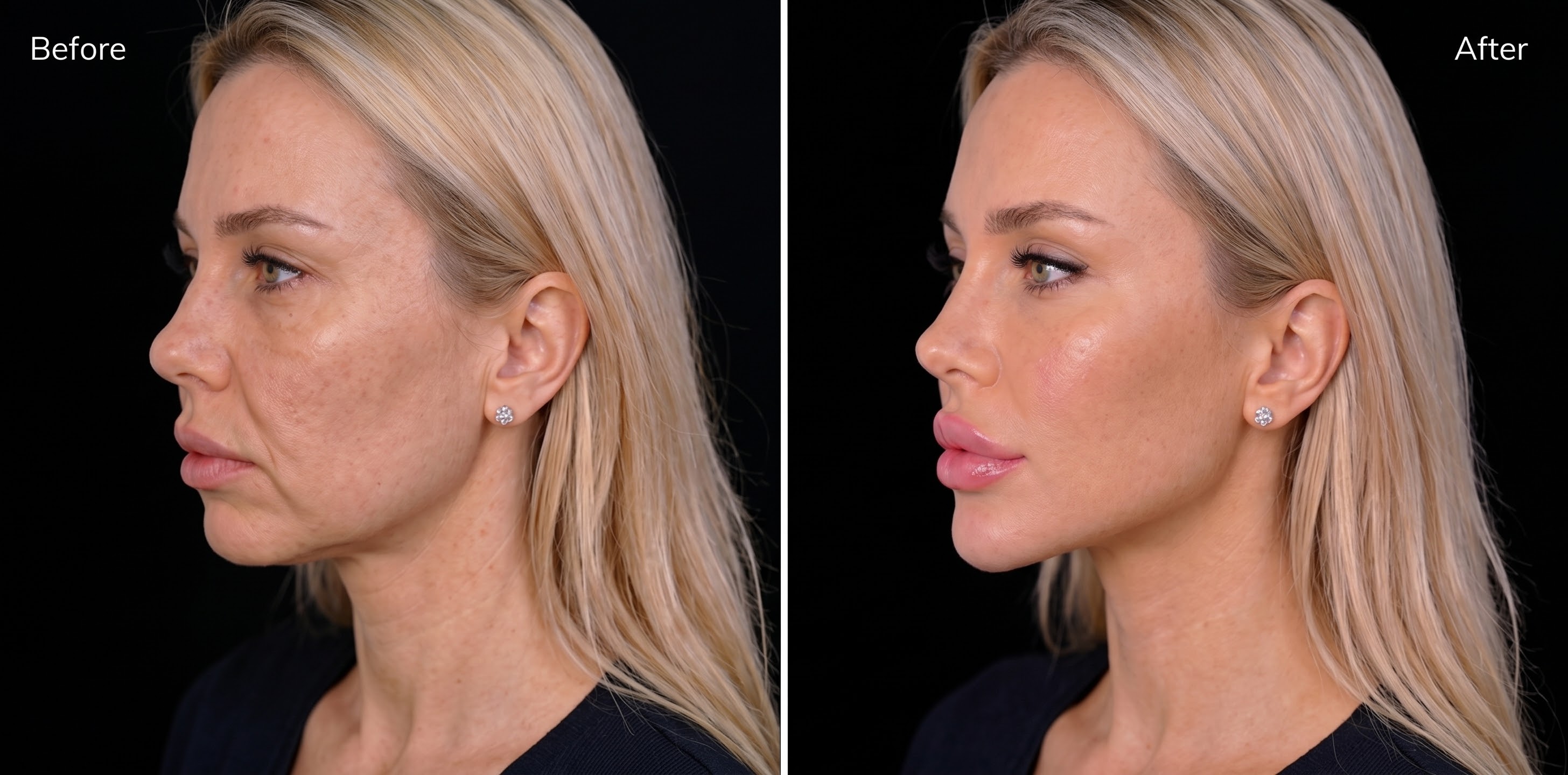 Ponytail Lift before-and-after photograph, profile view